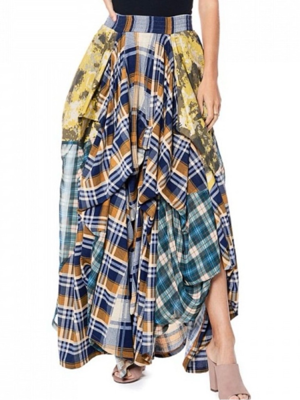 TOV Noir The Damsel's Yellow Plaid Flowing Maxi Skirt Pockets!! Sz EU42 US10 - Picture 15 of 16